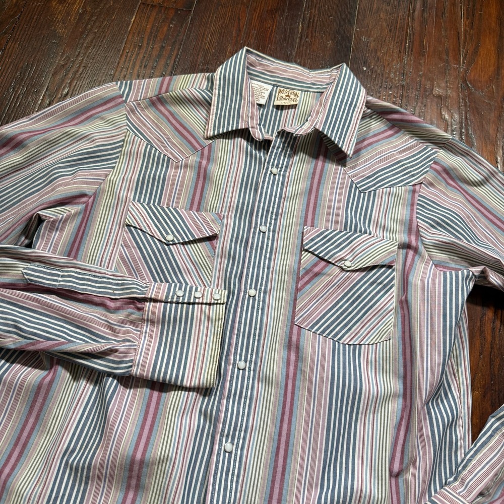 Vintage Western Frontier Shirt Mens LT Stripes Pearl Snap Rodeo‎ Cowboy USA MADE